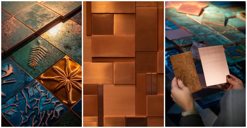 Płytki miedziane na scianie w kuchni