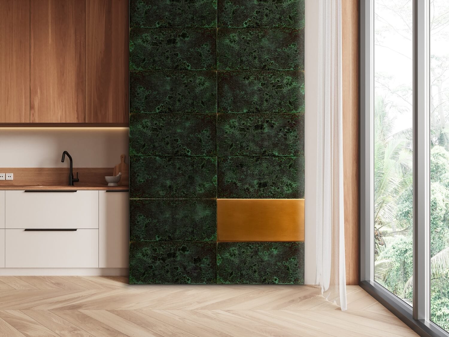 CopperPhilosophy interior 41 | Producent płyt i dekorów z miedzi Copper Philosophy miedź w kuchni z zielonym akcentem